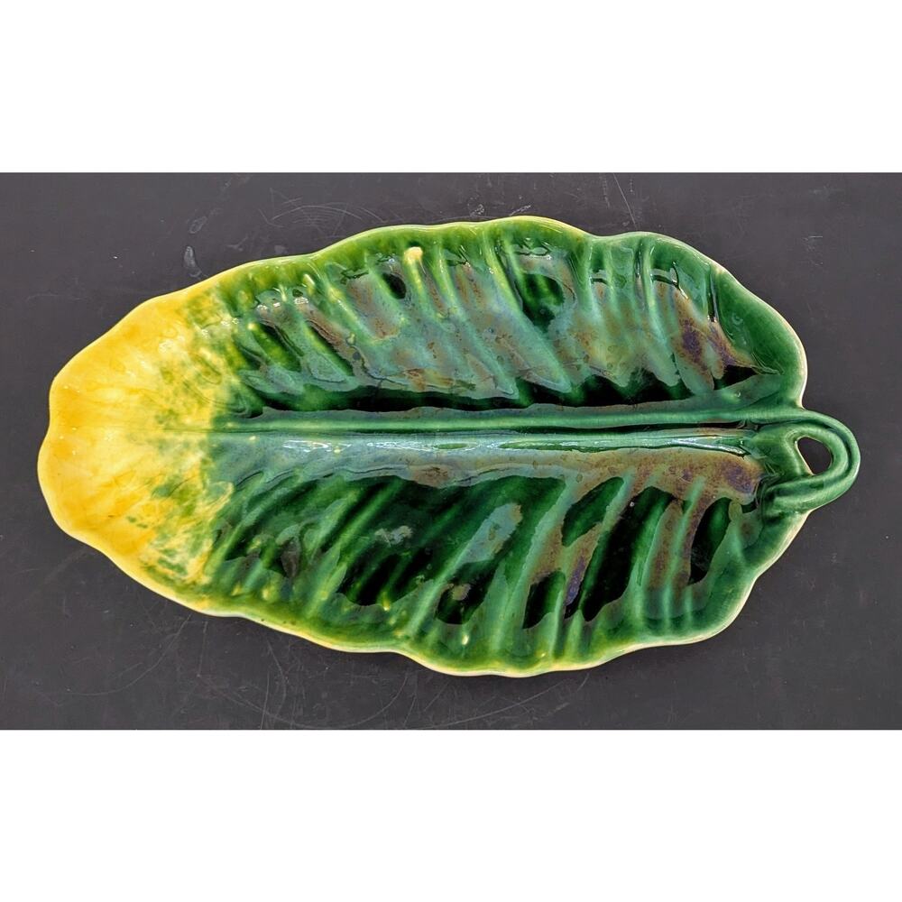 Tiki Island Beach Leaf Platter With Handle Gorgeous Handmade Green Yellow 19"